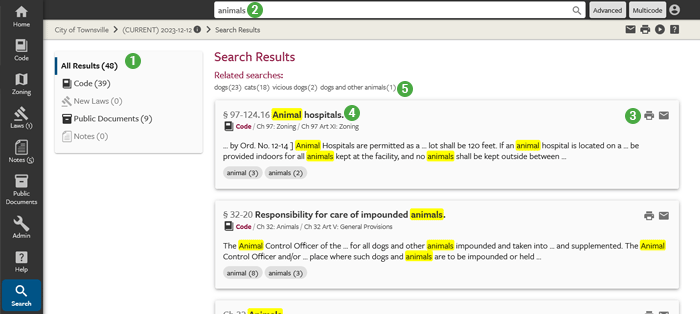 eCode360 screen showing the Search Results for